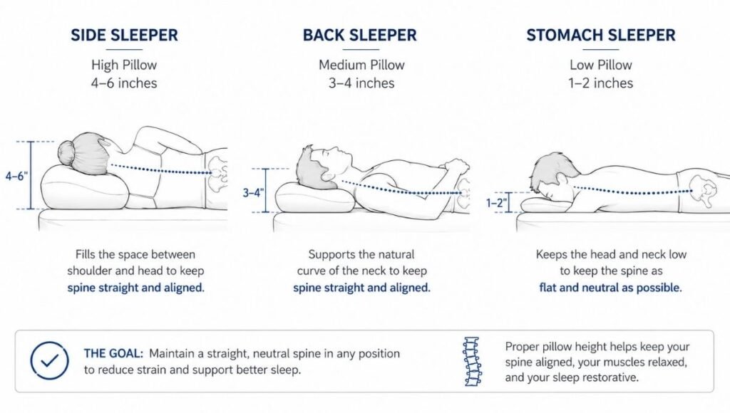 Three sleep positions shown side by side with correct pillow loft for each: left shows side sleeper with 4–6 inch high pillow keeping spine straight, center shows back sleeper with 3–4 inch medium pillow, right shows stomach sleeper with 1–2 inch thin pillow
