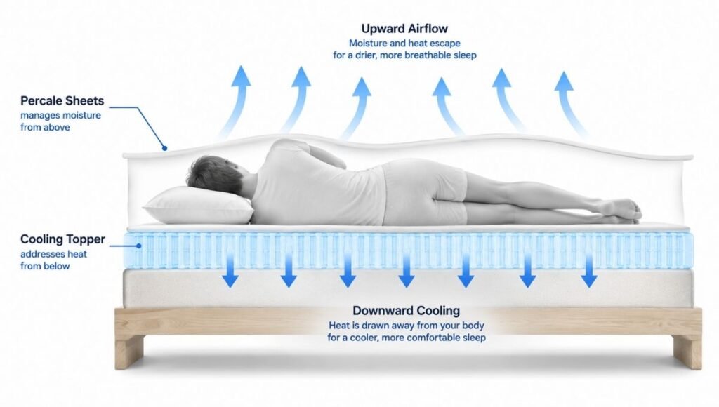 A bed cross-section showing the complete cooling sleep system: cooling mattress topper below addressing heat from the mattress layer, breathable percale cotton sheets above managing moisture and surface cooling — two layers working together
