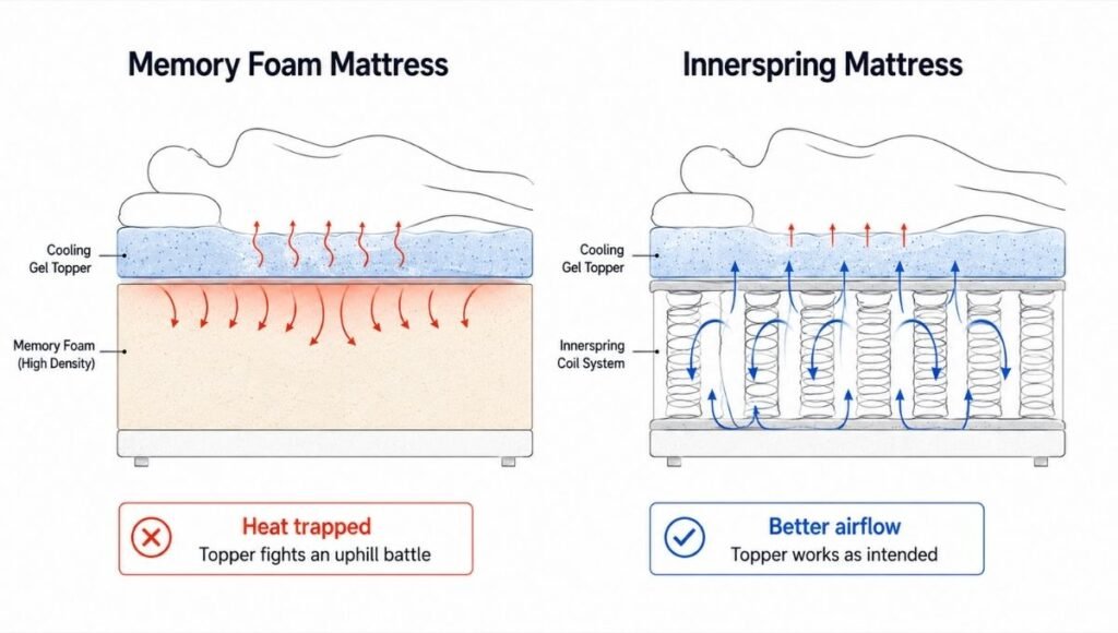 Side-by-side cross-section showing a gel foam cooling topper on a memory foam mattress with minimal airflow and heat trapped below, versus the same topper on an innerspring mattress with air circulation through the coil layer allowing better cooling performance
