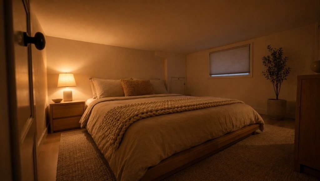 A small bedroom at night showing the structural coziness of a low ceiling and close walls being embraced rather than fought — warm bedside lamp light, corners in soft ambient shadow, a low platform bed that doesn't fight the ceiling height, creating an intimate cave-like quality
