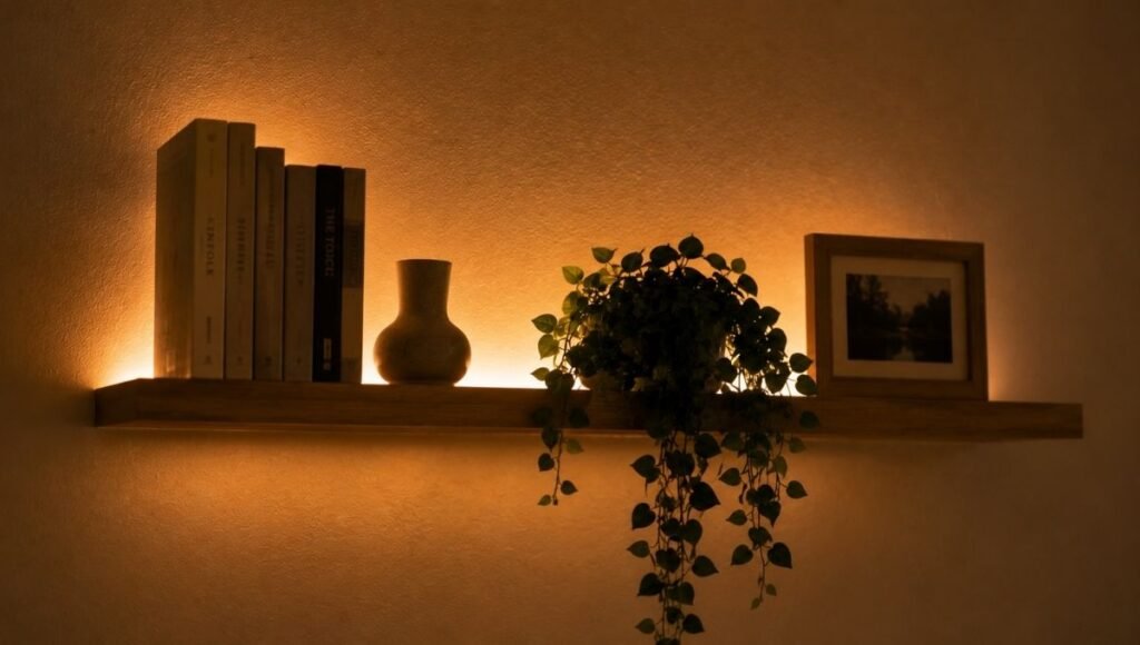 A floating bedroom shelf with books and small objects showing fairy lights tucked behind the objects along the back of the shelf — only the warm glow visible around and between the items, the strand itself hidden, creating curated shelf backlighting
