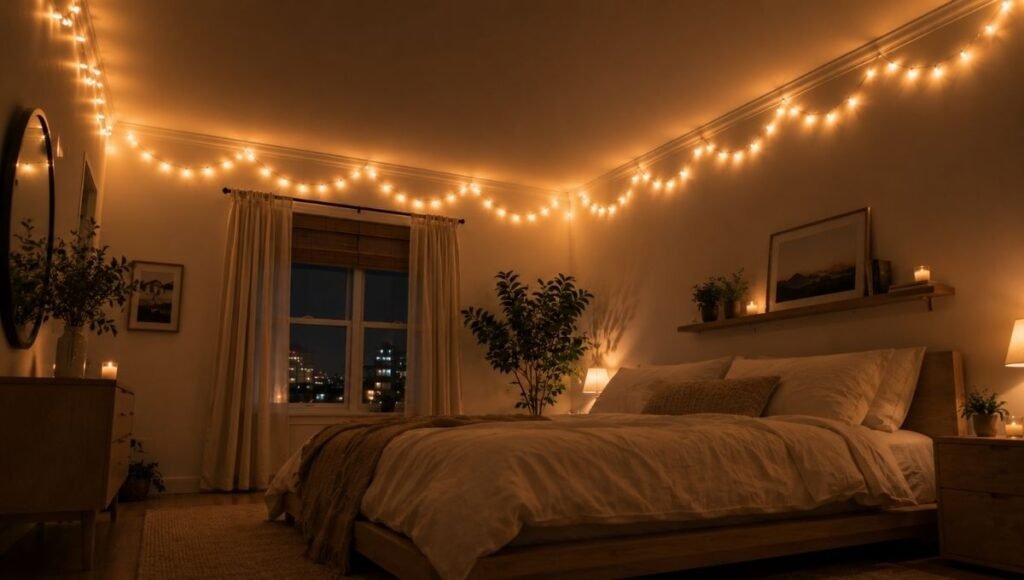 A small bedroom with warm white fairy lights running along the ceiling perimeter on three walls, draping 4–5 inches below the ceiling line in soft scallops, drawing the eye upward and making the room feel taller
