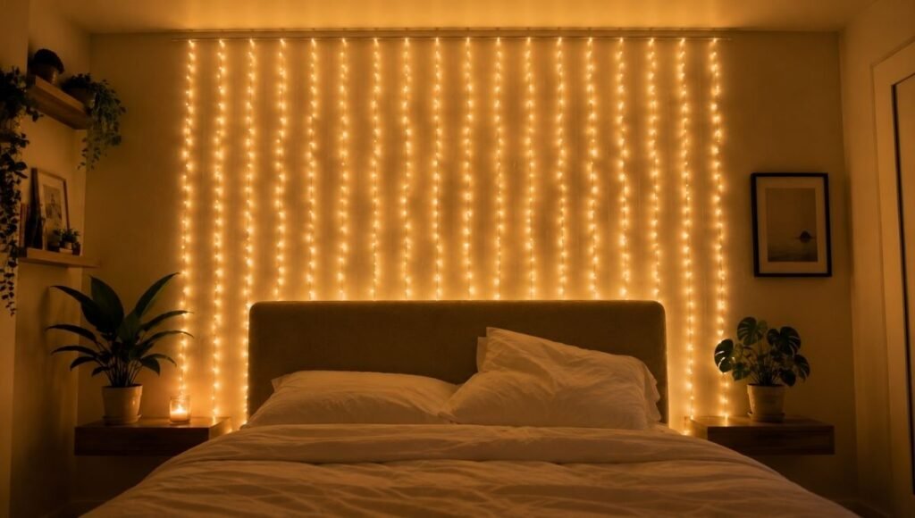 A bedroom with fairy light curtain strands hanging vertically in evenly spaced parallel lines from a tension rod behind the bed, the strand spacing consistent at 4 inches creating a dense warm curtain of light — no visible power cord, the effect looking professionally executed
