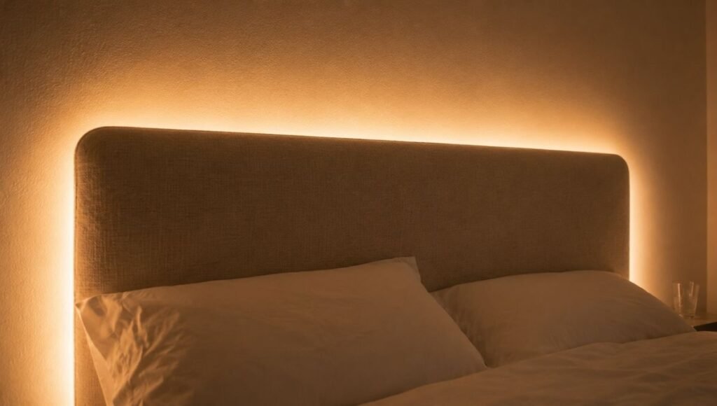 A bedroom headboard with warm white fairy lights tucked behind it creating a soft backlit halo effect — the lights are hidden by the headboard, only the warm amber glow visible around its edges, making the bed the room's visual focal point
