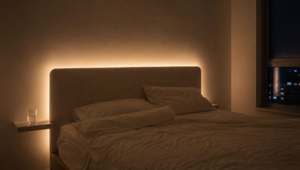 A small apartment bedroom at night with warm white fairy lights behind the headboard creating a soft halo glow, no visible cords, the bed as the visual focal point — showing what intentional fairy light placement looks like versus casual installation
