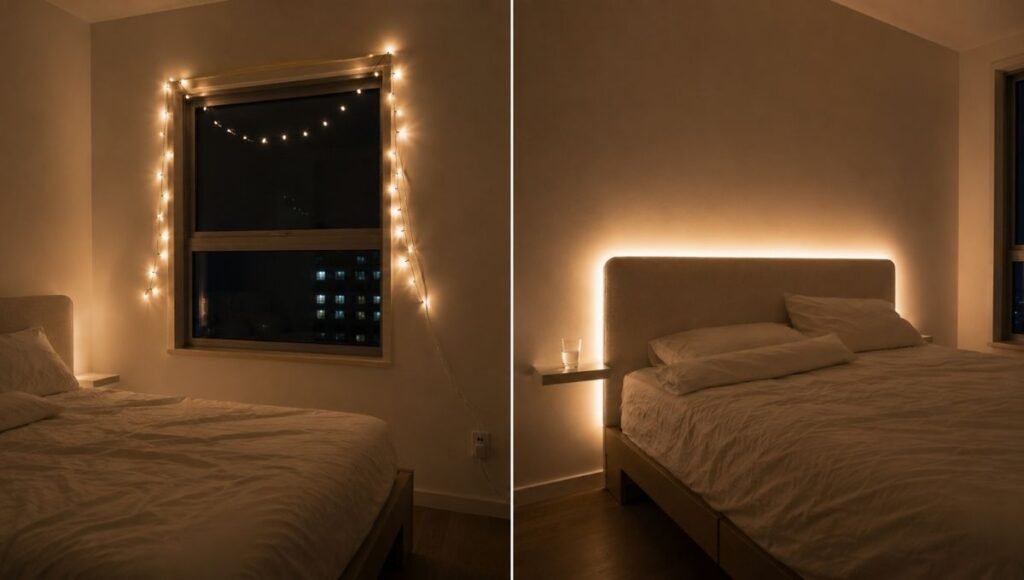 Split view of the same bedroom with fairy lights done two ways: left showing uneven placement around a window with visible cords and sagging strands looking like a dorm room, right showing the same lights thoughtfully placed behind a headboard with no visible cords looking designed and intentional

