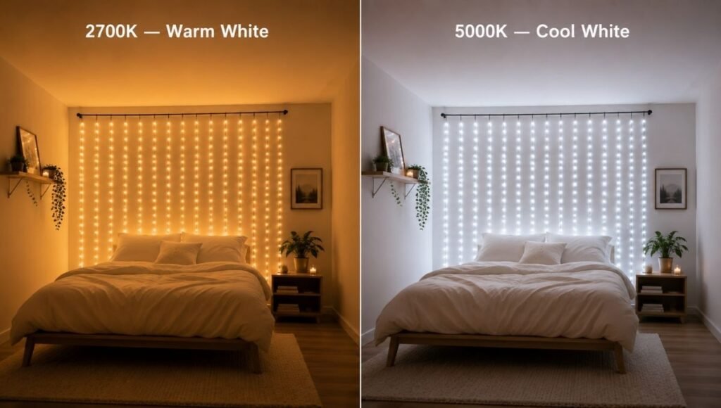 Split view of the same bedroom with two different fairy light color temperatures: left at 2700K warm white creating a cozy amber glow and calm mood, right at 5000K cool white creating a stark bright feeling — showing why warm white supports sleep and cool white activates the space
