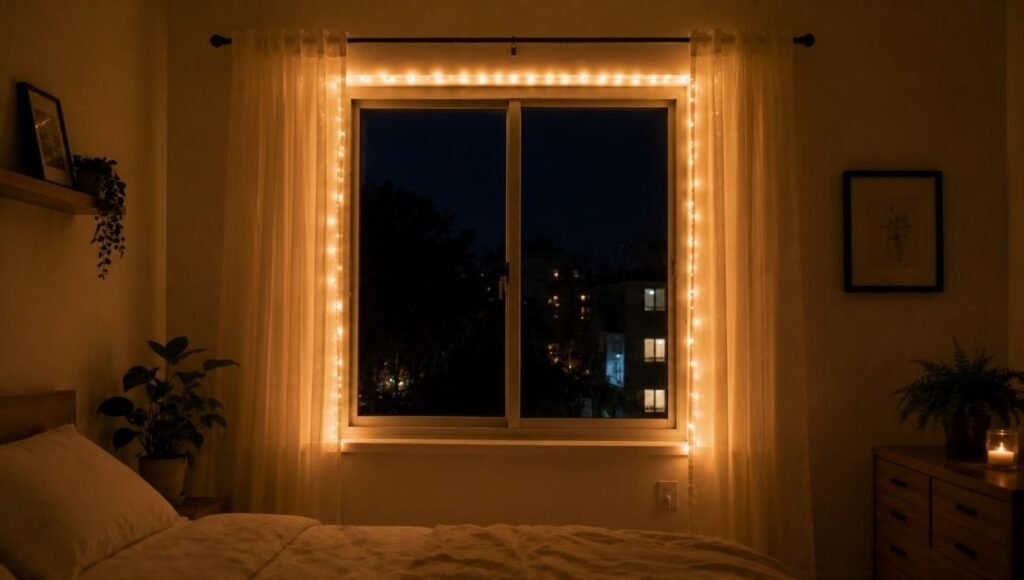 A bedroom window at night with warm white fairy lights outlining three sides of the window frame — two vertical sides and the top horizontal, the cord dropping invisibly to the outlet below, creating an architectural warm-glowing window frame
