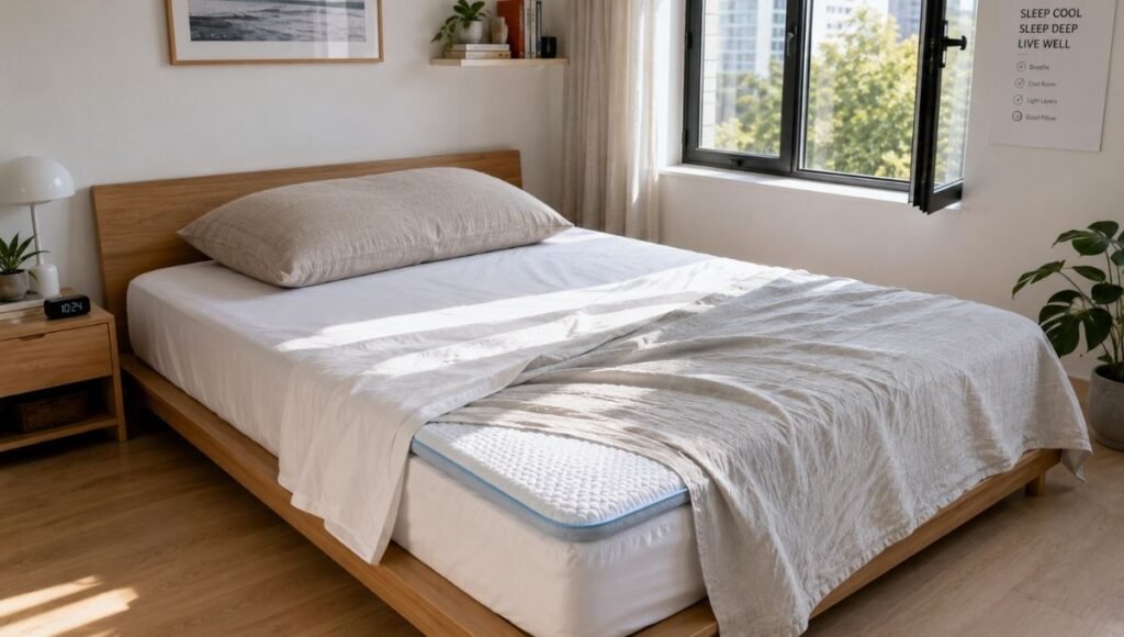 A neatly made bed showing the complete hot sleeper bedding setup: percale cotton sheets, a visible cooling mattress topper edge, and a cooling buckwheat pillow — the three-piece system working together for hot sleeper comfort
