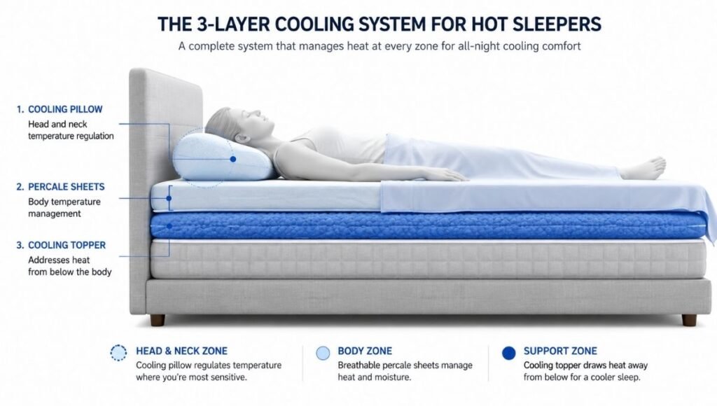A bed cross-section showing the complete hot sleeper cooling system: cooling mattress topper at the base layer, percale cotton sheets in the middle layer, and cooling pillow at the top — each labeled with its role in regulating different zones of the body
