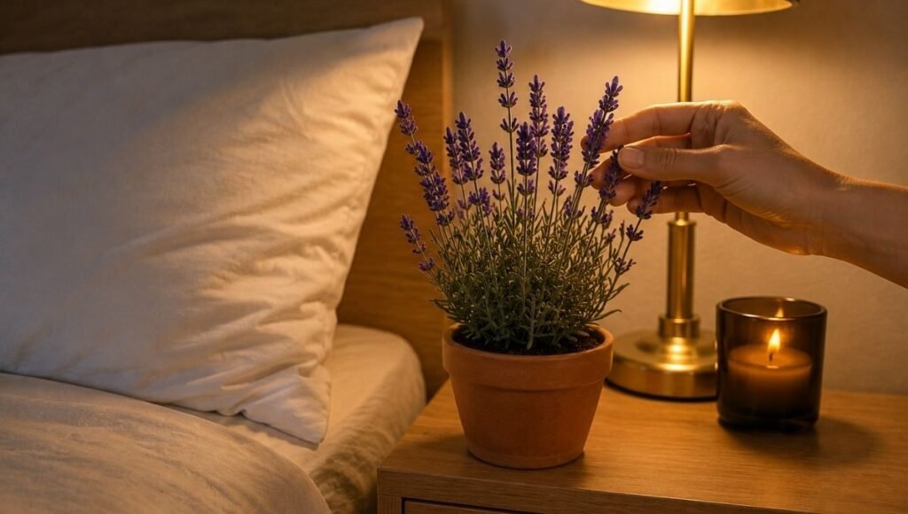 A small lavender plant in a terracotta pot on a bedroom nightstand within 1 meter of the pillow, a hand gently brushing the lavender stems before bed to release the aromatic oils — showing correct placement for scent-based sleep benefit
