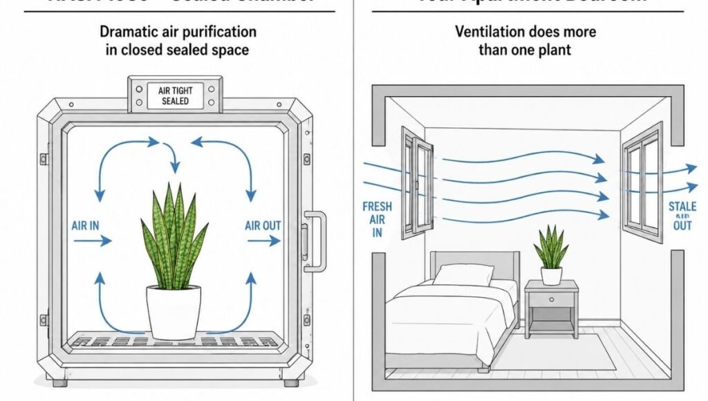 A comparison diagram: left shows the sealed chamber conditions of the 1989 NASA study where plants dramatically purified air, right shows a normally ventilated apartment bedroom where the same plants have minimal air purification effect compared to opening a window
