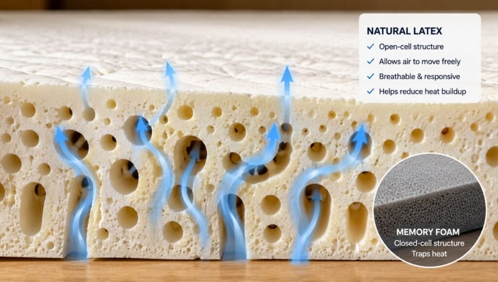 A close-up macro photograph of a natural latex mattress topper cross-section showing the open-cell foam structure with round pin holes throughout the material that allow air to circulate — demonstrating why latex sleeps cooler than closed-cell memory foam
