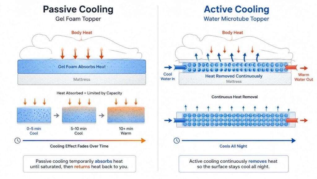 A cross-section diagram comparing passive cooling (gel foam absorbing heat until saturated) versus active cooling (water circulation continuously removing heat), showing why passive toppers lose effectiveness after minutes while active systems maintain cooling

