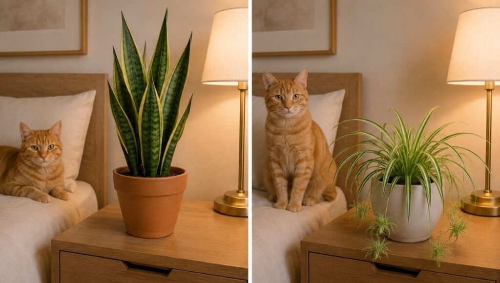 Split view: left shows a snake plant labeled Toxic to cats and dogs in a bedroom with a cat visible in the background, right shows a spider plant labeled Pet safe with the same cat safely near it — illustrating the pet toxicity difference between common bedroom plants
