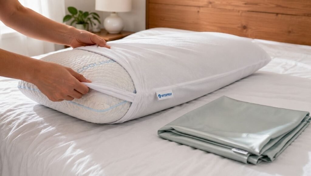 A cooling pillow with a waterproof pillow protector being placed over it before the pillowcase, showing the three-layer protection setup for night sweaters: cooling pillow fill, waterproof protector, and Tencel pillowcase
