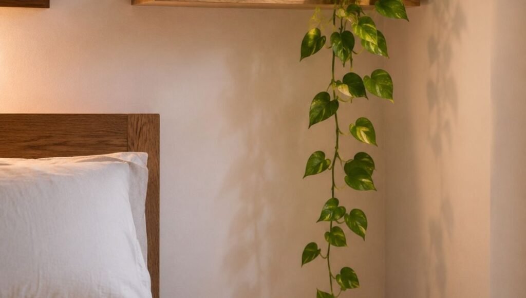 A small bedroom floating shelf with a trailing pothos plant in a small white pot, the vines trailing down the wall approximately 40cm adding visual warmth and greenery without using any floor space
