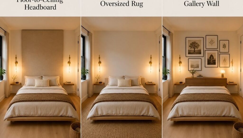 Three small bedroom anchor piece options shown side by side: left a floor-to-ceiling headboard panel, center an oversized jute rug extending beyond the bed, right a gallery wall with consistent black frames above the dresser
