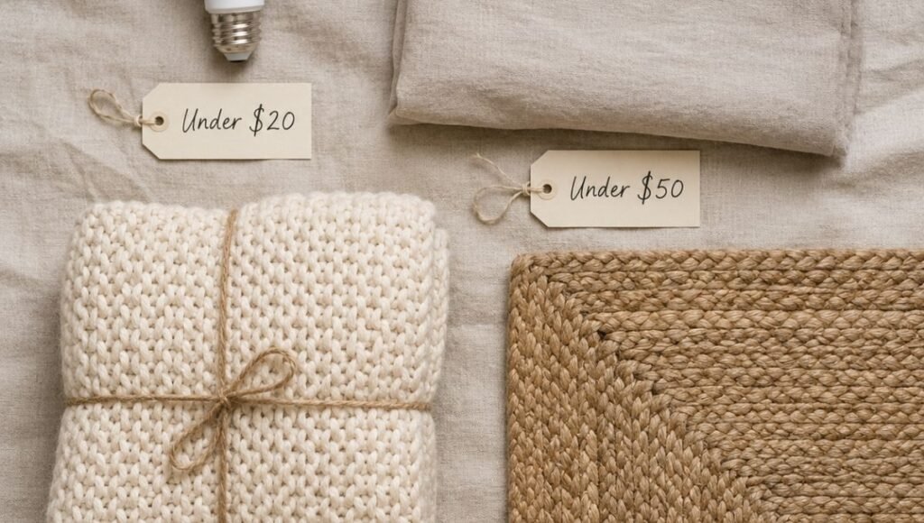 Four bedroom improvement items shown as a flat lay with price tags: a 2700K warm white bulb labeled Under $20, a linen pillowcase labeled Under $50, a chunky knit throw blanket labeled Under $50, and a corner of a jute rug labeled Under $150
