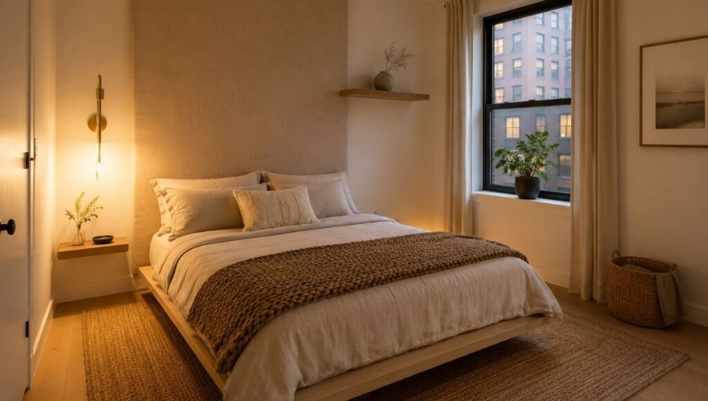 A small apartment bedroom that looks designed rather than default — a floor-to-ceiling linen headboard as the anchor piece, an 8x10 jute rug extending beyond the bed, warm 2700K lighting, and three-texture bedding — showing what intentional small bedroom decor looks like