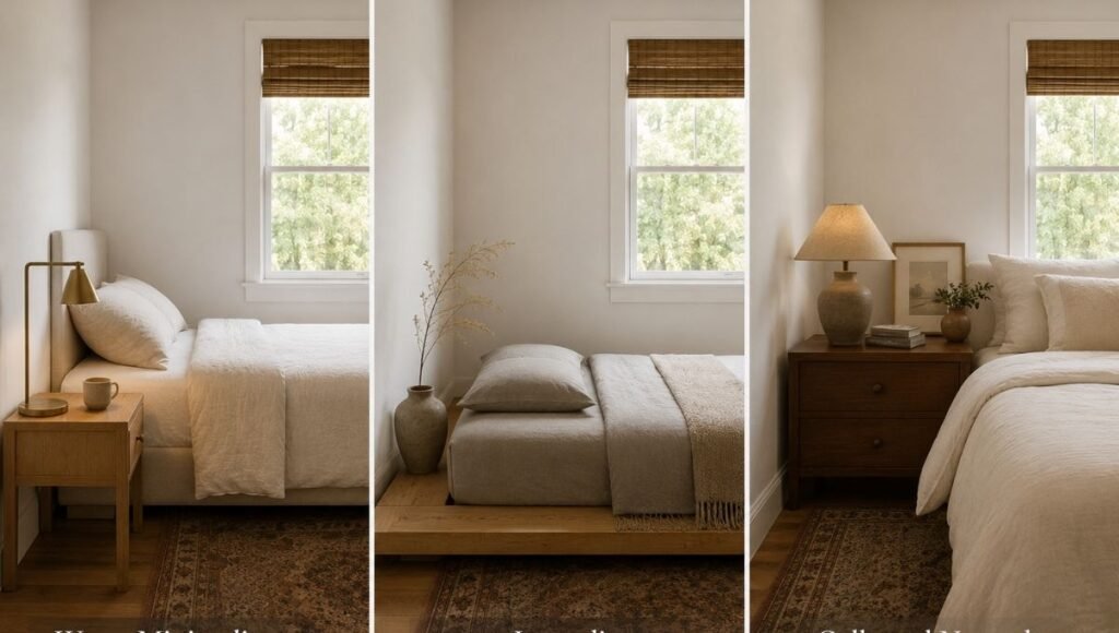 Three small bedroom styles shown side by side: left warm minimalist with linen, oak wood, and ceramic in restraint; center Japandi with low platform bed, light wood, and one earthen pottery piece; right collected neutrals with layered frames, mixed warm objects, and soft accumulated character
