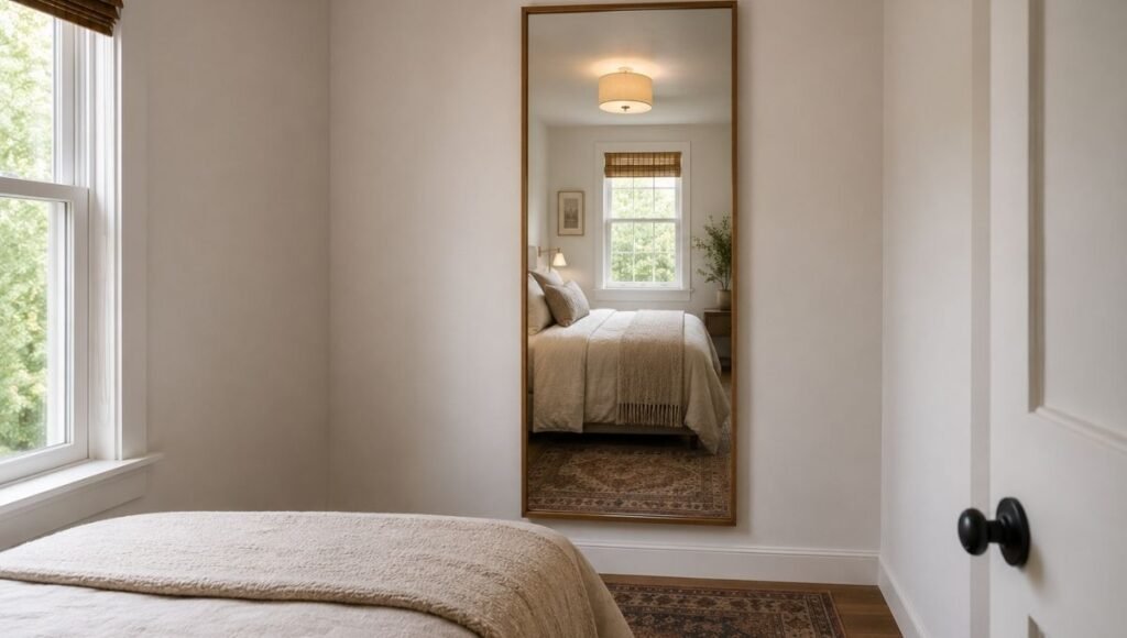 A small bedroom entry wall with a full-length mirror mounted at the door-facing position, the mirror reflecting the bed and window creating visual depth that makes the room feel larger, also serving the practical function of outfit checking
