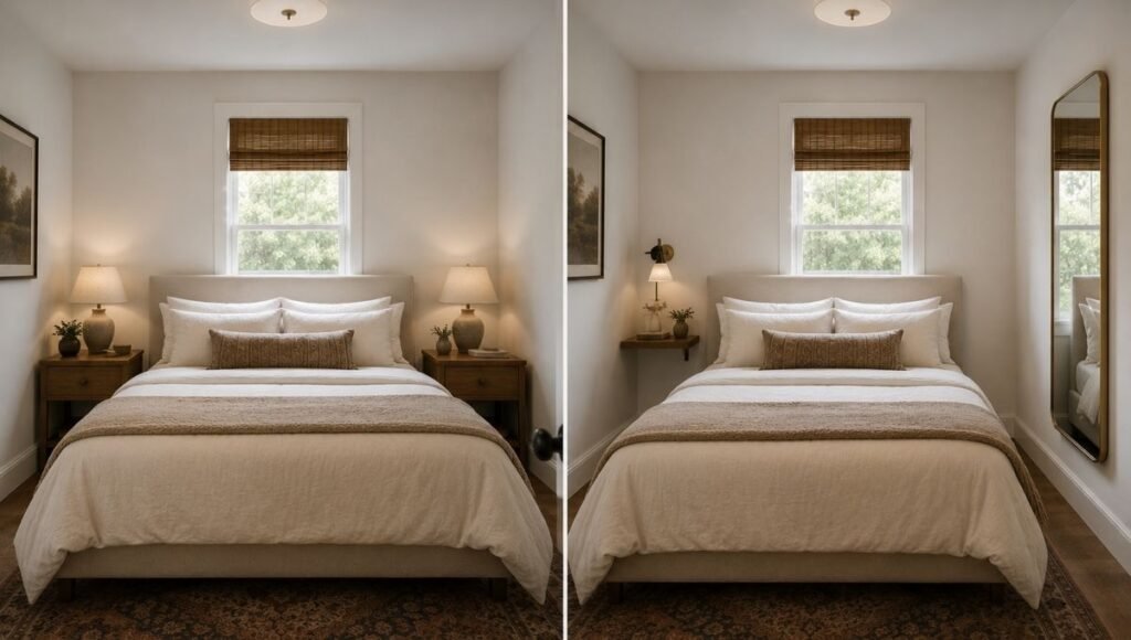 Split view showing furniture add vs skip for small bedrooms: left shows a small bedroom with two matching nightstands consuming floor space on both sides of the bed, right shows the same room with one floating shelf on the primary side and a mirror on the other wall — more functional, less crowded
