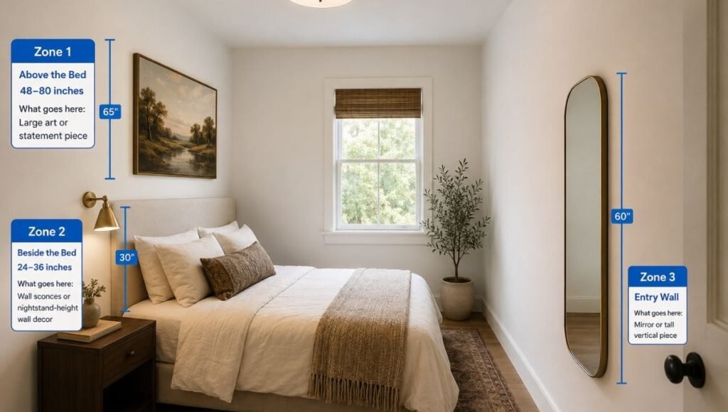 A small bedroom wall diagram showing three wall zones with annotation labels: above the bed at 48–80 inches for art or floating shelf, beside the bed at 24–36 inches for sconce or small shelf, and the door-facing entry wall for a full-length mirror or art
