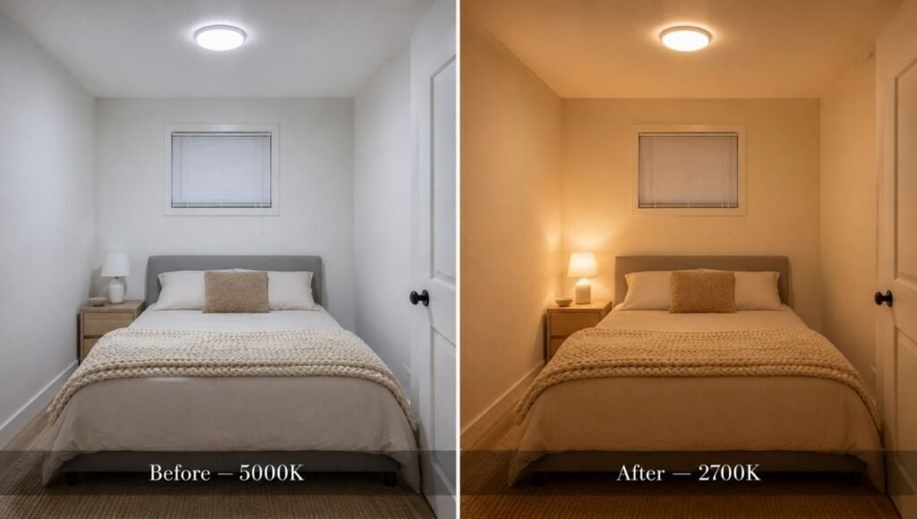 Before and after of the same bedroom overhead light: left shows a 5000K cool daylight bulb in the fixture making the room look flat and clinical, right shows a 2700K warm white LED in the same fixture transforming the room's evening atmosphere
