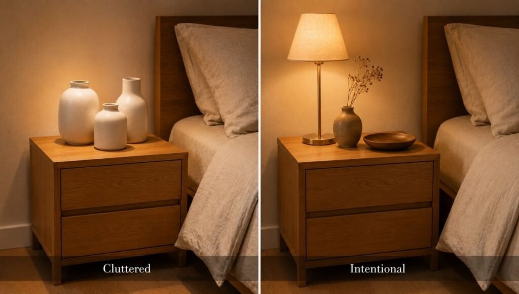 Split view of two nightstand setups: left showing three ceramic vases of different sizes all in the same material reading as a shop display, right showing one ceramic vase, one brass lamp, and one small wood dish in three different materials reading as a curated and intentional surface
