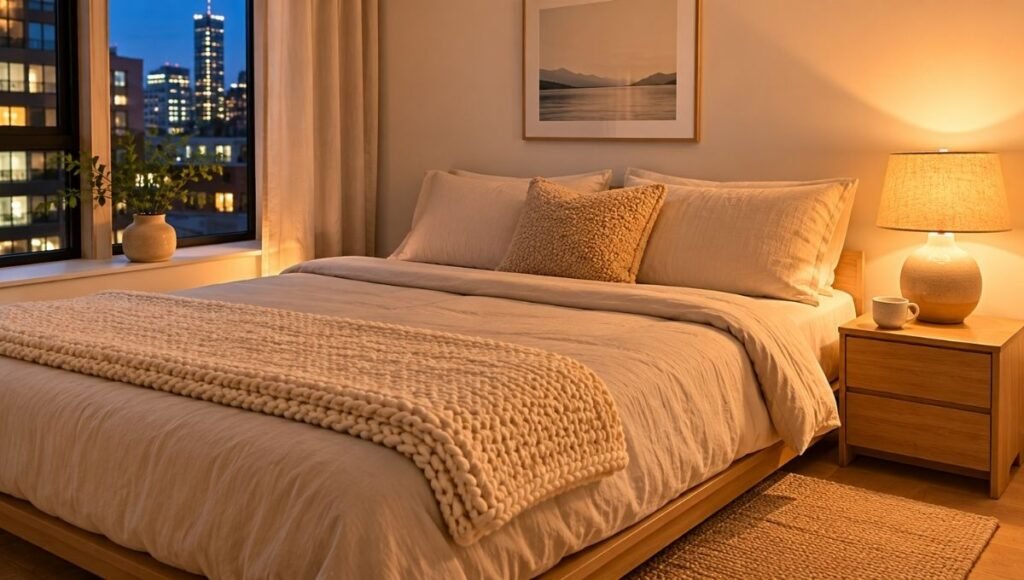A small apartment bedroom that is warm and cozy without being cluttered — warm 2700K lighting from a bedside lamp, linen sheets, one chunky knit throw folded at the foot of the bed, one wood nightstand, and a single accent pillow in boucle fabric