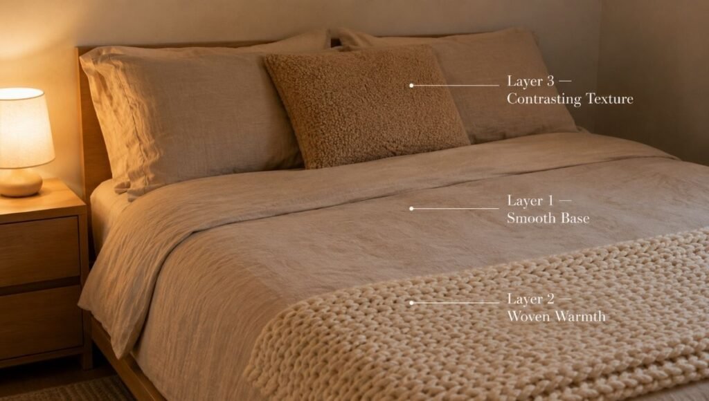 A bed showing the three-texture formula: smooth oatmeal linen sheets as the base layer, a chunky cream knit throw folded at the foot as the woven warmth layer, and one boucle accent pillow as the contrasting texture — demonstrating intentional layering without clutter
