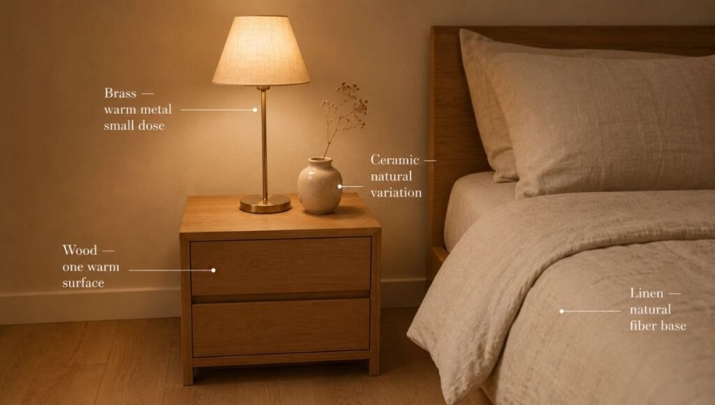 A small bedroom corner showing the four warm minimalist material palette elements: one oak wood nightstand, linen bedding, a small ceramic vase, and a single brass lamp — demonstrating warmth through material quality and restraint rather than accumulation

