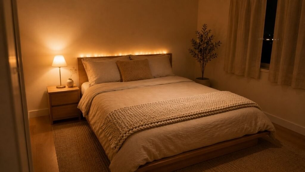 A complete warm minimalist small bedroom setup in the evening: 2700K bedside lamp, three-texture linen and knit bedding, one oak nightstand with ceramic and brass objects, fairy lights behind the headboard casting a soft glow — showing the full warm bedroom formula achieved with restraint
