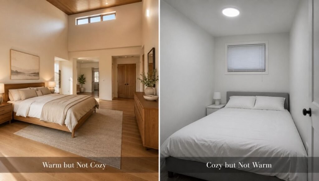 Split view: left shows a large bedroom that is warm (good materials, wood tones, warm lighting) but not cozy because of its size and open feeling; right shows a small bedroom that is cozy (enclosed, intimate scale) but cold feeling because of cool overhead lighting and synthetic materials
