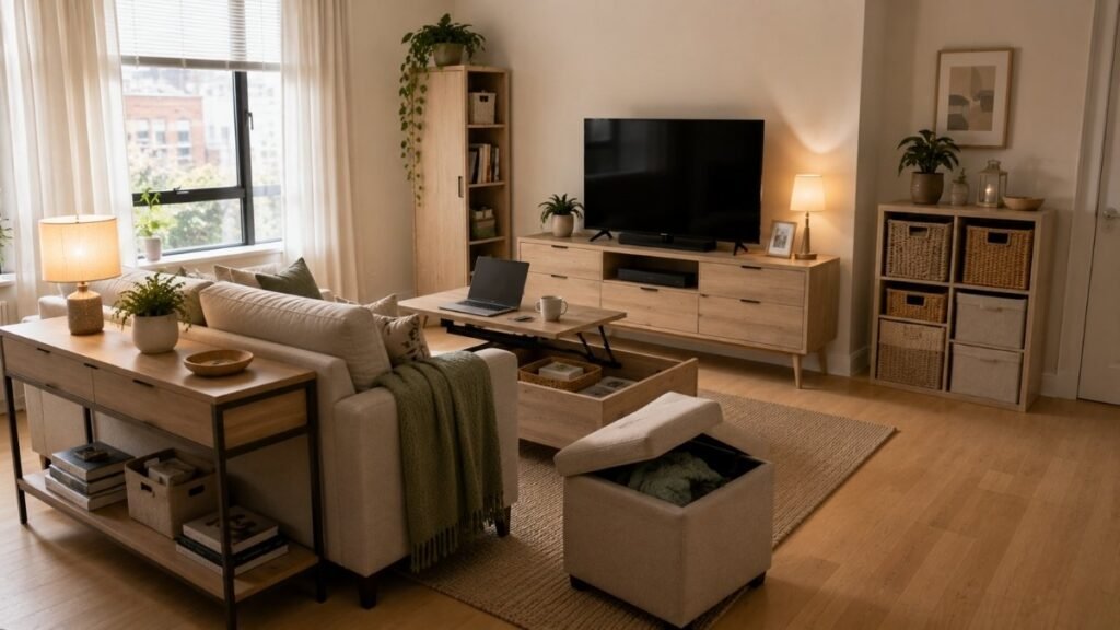 Small living room featuring a lift-top coffee table, storage ottoman, TV console, tall cabinet, sofa table, and modular storage.