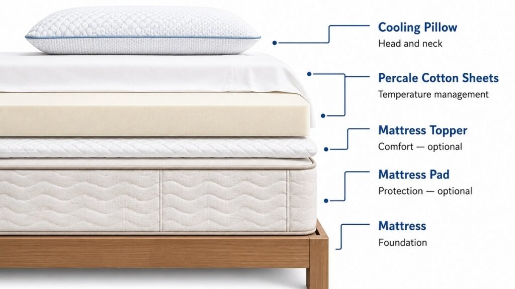 A bed cross-section showing the complete sleep layer system from bottom to top: mattress, optional mattress pad for protection, optional mattress topper for comfort, percale cotton sheets, and a cooling pillow — each layer labeled with its function
