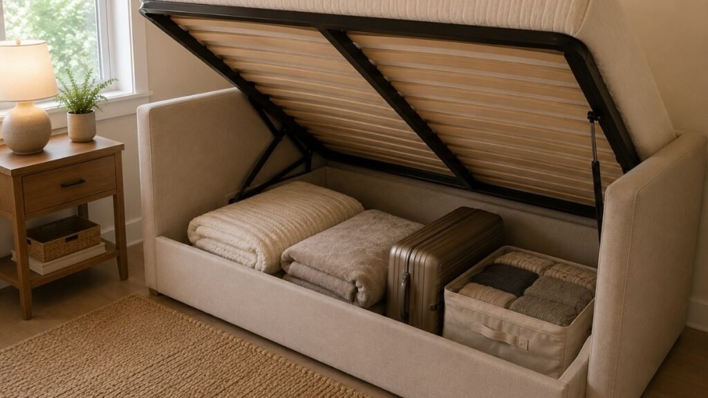 A daybed with lift-up storage mechanism shown with the mattress platform raised, revealing a large open storage cavity underneath containing folded blankets, a small suitcase, and seasonal items — showing the maximum storage capacity of lift-up versus drawer daybeds
