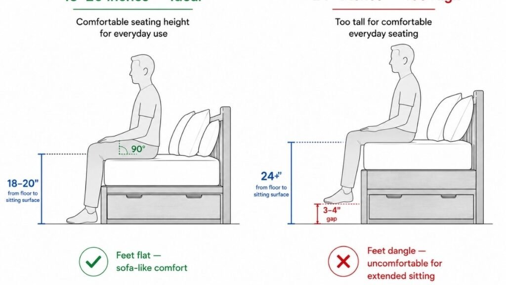 Side-profile comparison showing two daybed seat heights: left at 18–20 inches finished height where feet rest comfortably flat on the floor in sofa-like seating, right at 24+ inches where feet dangle awkwardly — demonstrating why 18–20 inches is the ideal range

