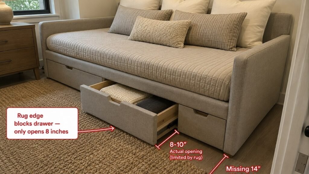 A small bedroom showing the common daybed mistake: a jute rug placed so its edge is directly in front of the daybed's storage drawer, preventing the drawer from fully opening — with a red annotation showing the blocked drawer and the rug edge conflict

