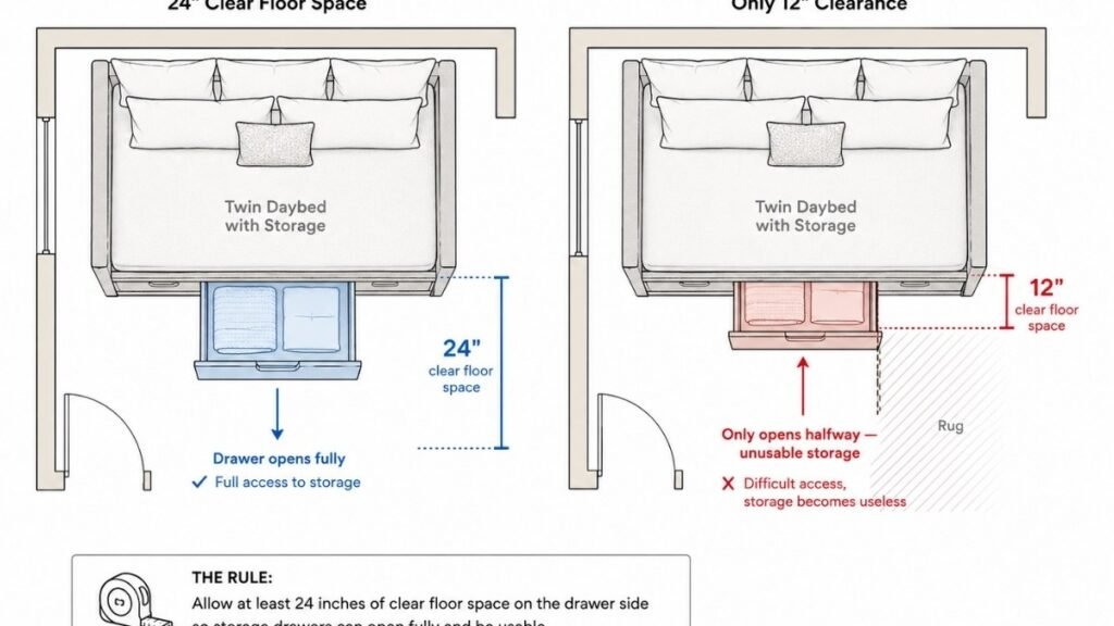 A top-down floor plan diagram showing a daybed with storage drawers and the required 24-inch clearance zone on the drawer side — with a second scenario showing a daybed where only 12 inches of clearance exists and the drawer cannot fully open
