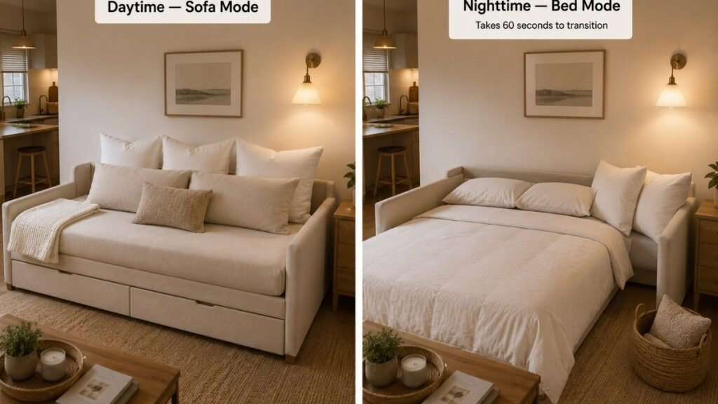 Split view of a studio apartment daybed in two states: left shows daytime mode as a fully styled sofa with pillows and throw, right shows nighttime mode with pillows moved aside and the mattress ready for sleeping — demonstrating the day-to-night conversion
