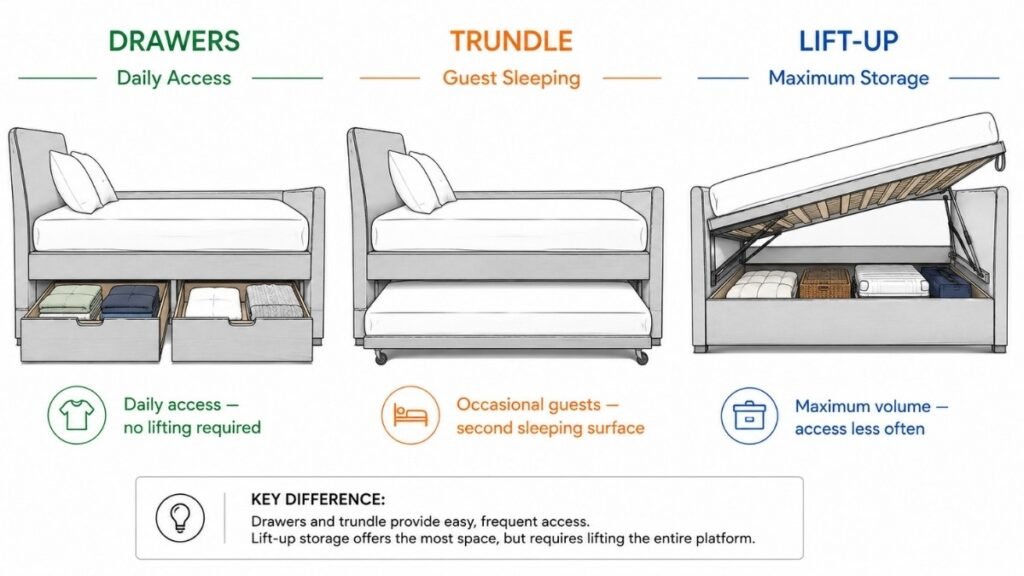 Three daybed storage types shown as side-profile cross-sections: left shows storage drawers pulling out from the front, center shows a trundle rolling out from beneath at floor level, right shows a lift-up mechanism raising the entire mattress platform to reveal the storage cavity
