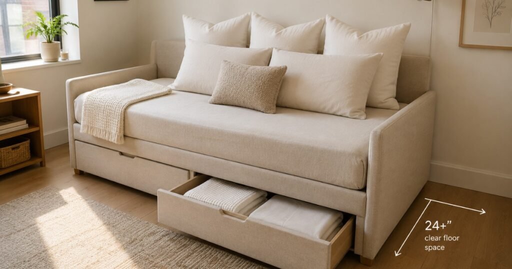 A small apartment bedroom with a twin upholstered daybed with storage drawers styled to look like a sofa — three euro pillows against the backrest, two standard pillows, one accent pillow, a lightweight throw folded at the foot, with one storage drawer slightly open revealing folded linens