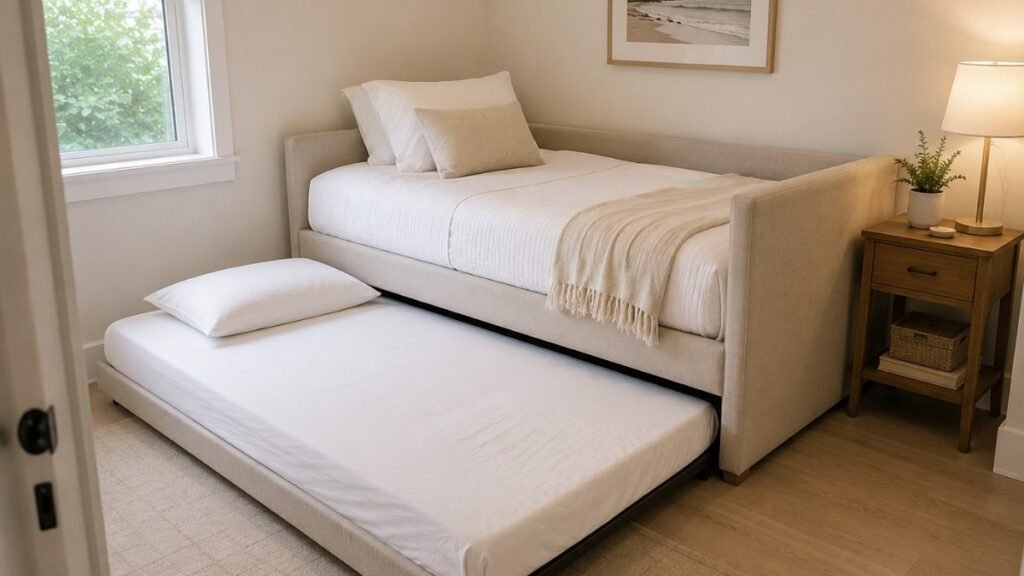 A small guest room showing a twin daybed with the trundle fully extended, providing two separate sleeping surfaces from one piece of furniture — demonstrating how a trundle daybed creates a guest room in any small room without permanent extra furniture

