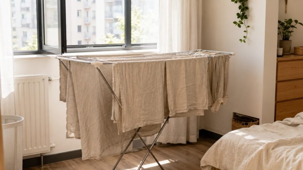 Linen sheets drying on a compact rack inside a small apartment