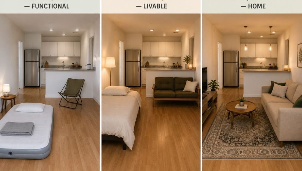 Three apartment setups shown side by side representing three budget stages: first $500 showing just a mattress and basic items on the floor, second $500 showing added seating and lighting, third $500–1000 showing a complete furnished living area with sofa
