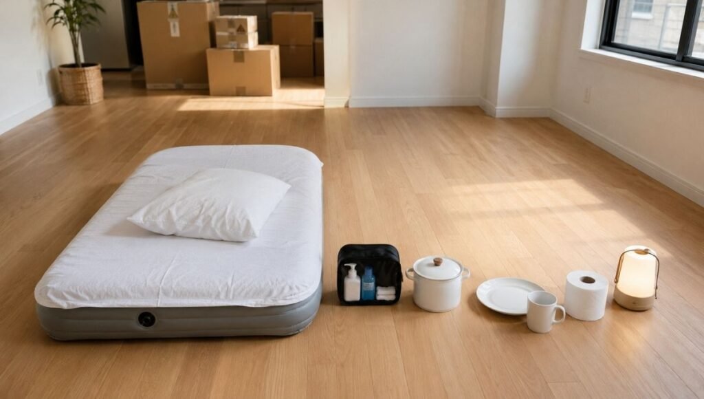 A first apartment on move-in day showing the minimal Day 1 essentials laid out on the floor: an air mattress with sheets, a small bag of toiletries, one pot and one plate, toilet paper, and a single lamp — showing exactly what you need and nothing more