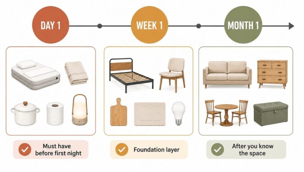 A timeline diagram showing the three-phase first apartment buying sequence: Day 1 with sleep, shower, eat basics; Week 1 with bed frame, seating, kitchen expansion; Month 1 with sofa, storage, dining — organized left to right with item icons
