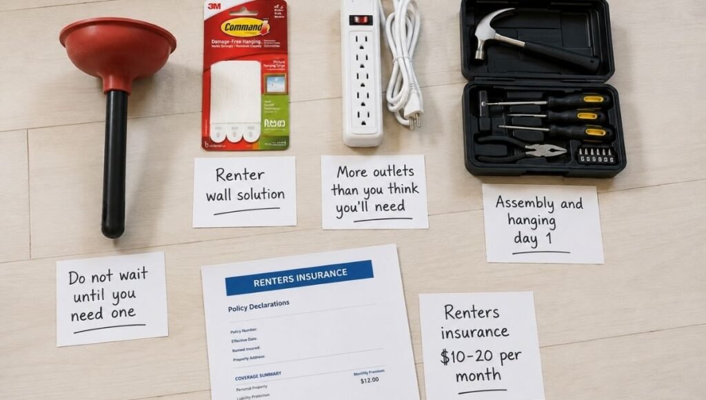 A flat lay showing the most commonly forgotten first apartment essentials: a plunger, a pack of Command strips, a power strip, a basic tool kit with screwdriver and hammer, and a printed renter's insurance document
